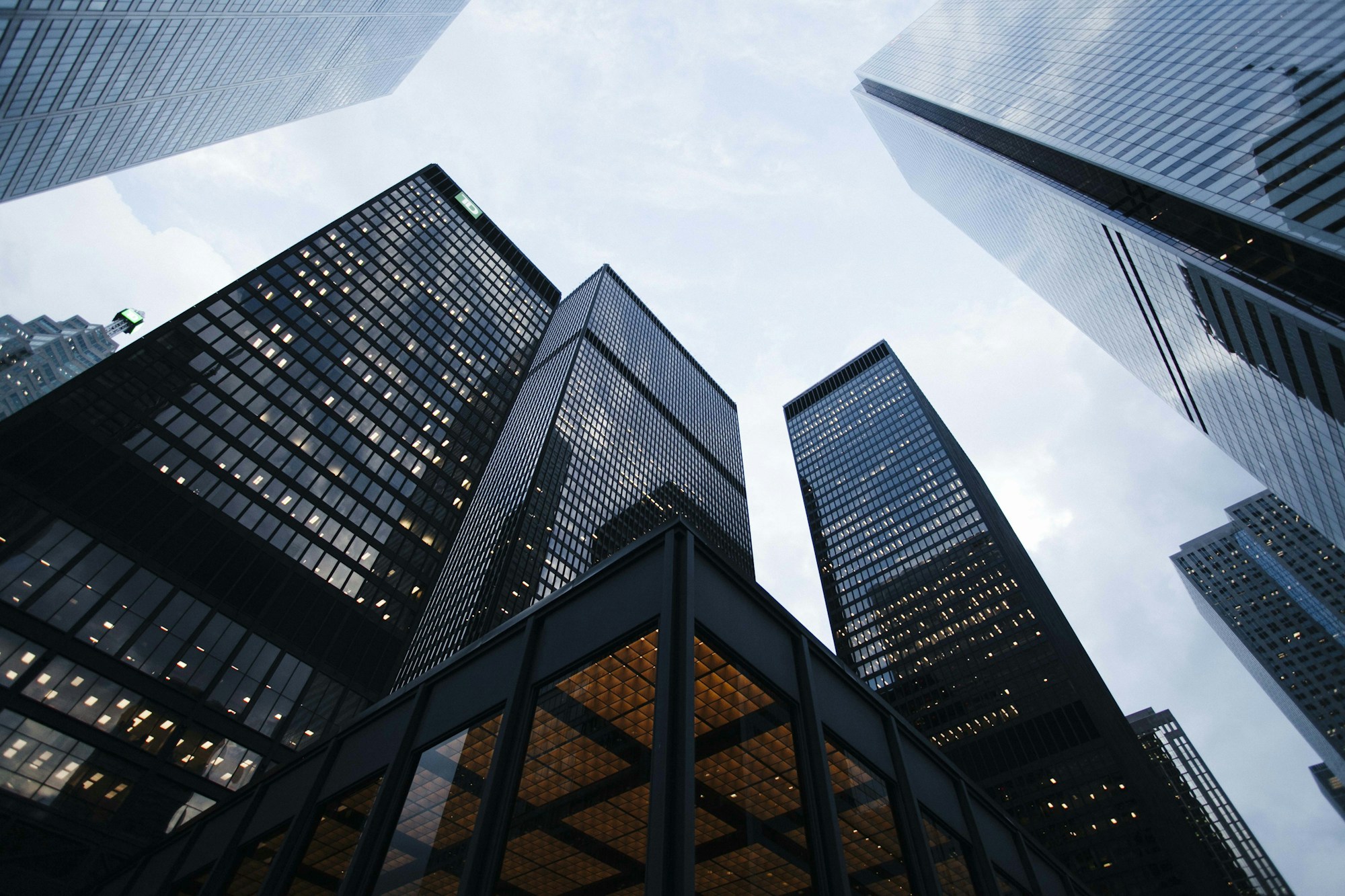 Modern glass architecture viewed from street level
